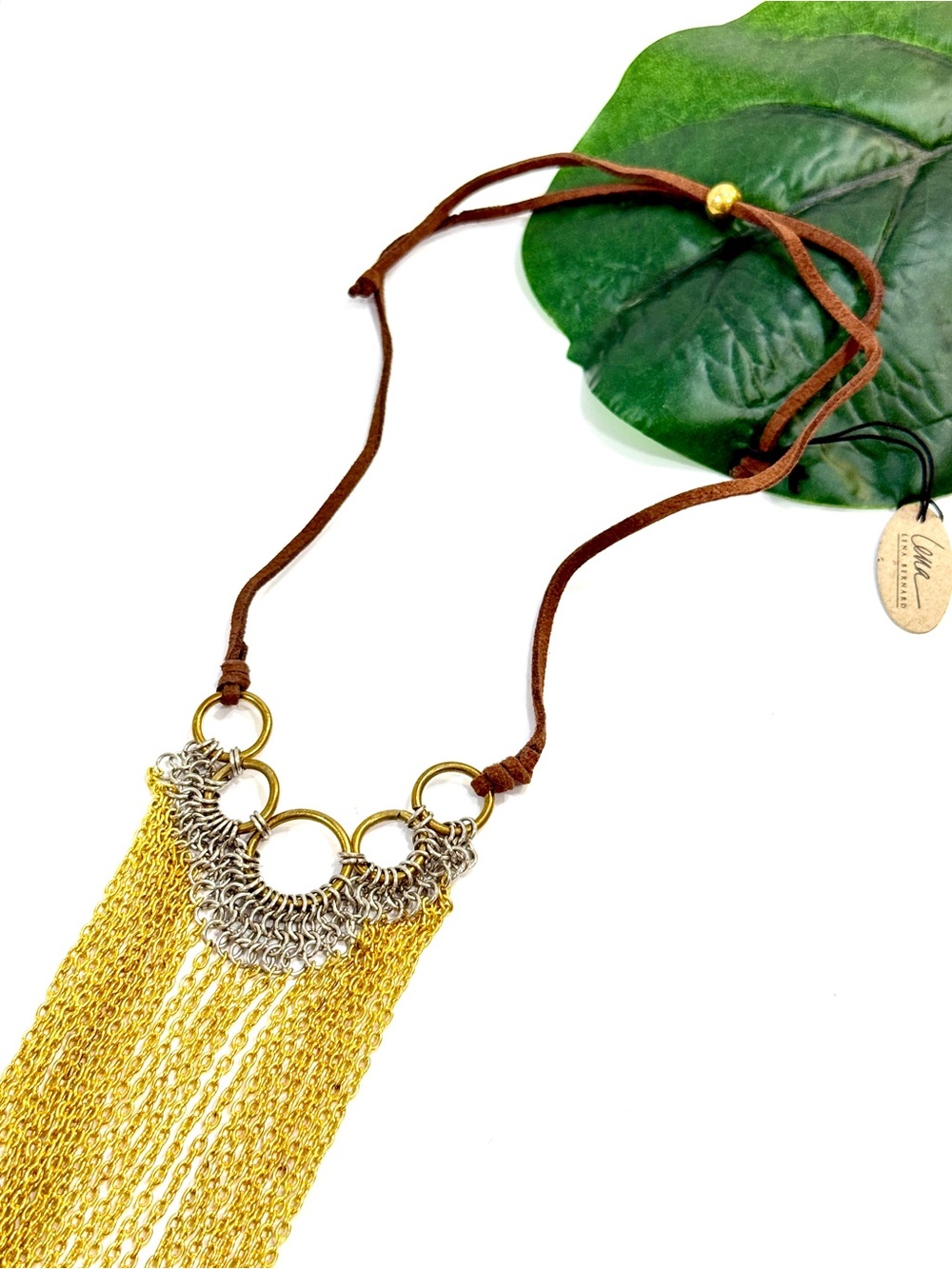 Lena Bernard Gold Fringe Statement Necklace Suede Cord Mixed Metal NWT